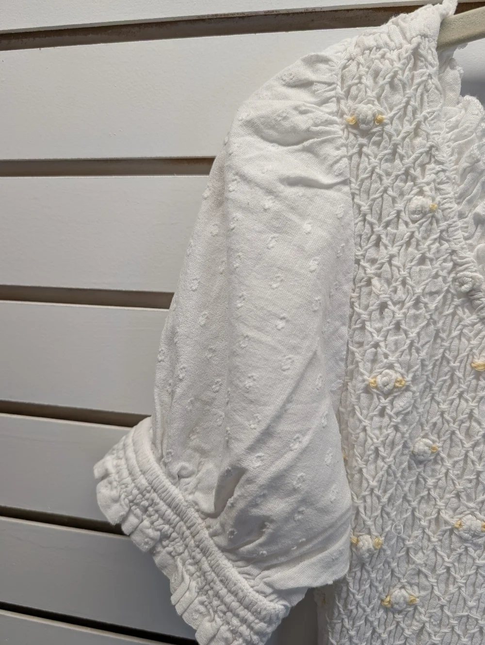 Free People Cecelia Puff Sleeve Smocked embroidered Rosette Cute Top M EUC